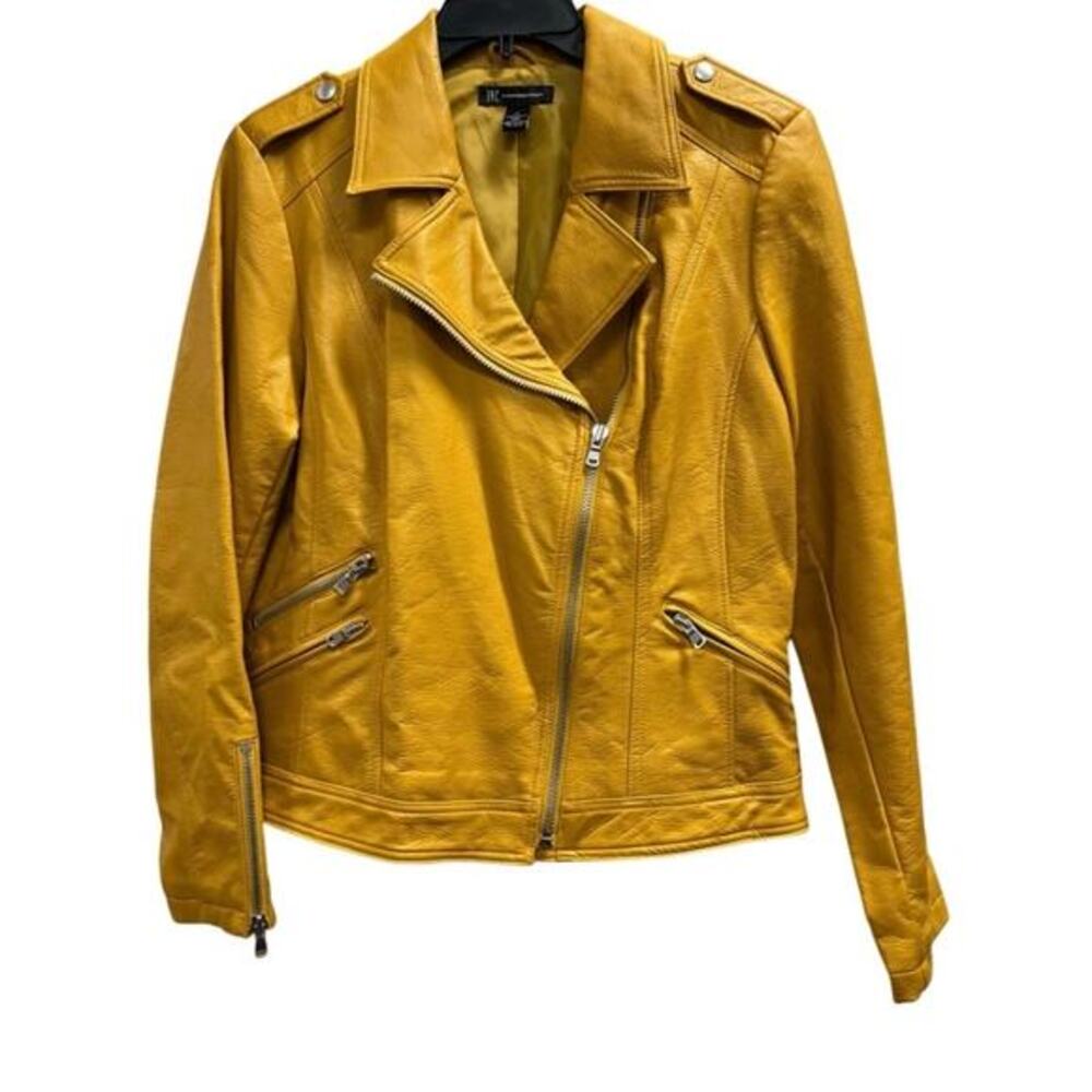 INC International Concepts mustard yellow vegan pebbled leather moto jacket sz L